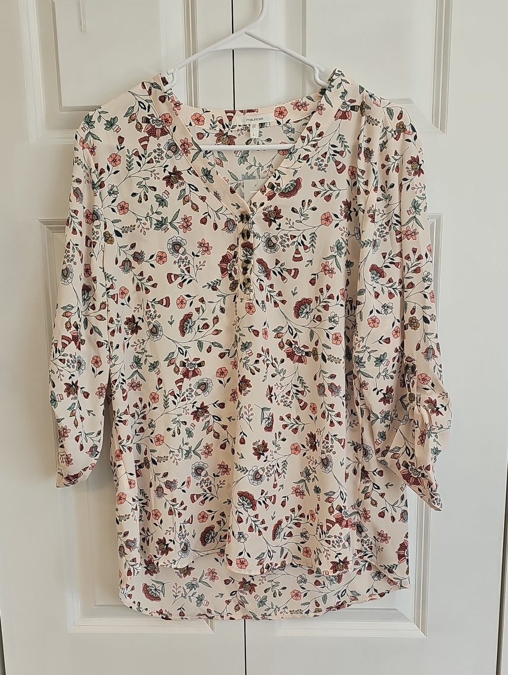 Maurices Cream Floral V-Neck Blouse with Rose & Green Accents